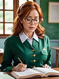 A woman in her forties wearing a green school uniform and round glasses