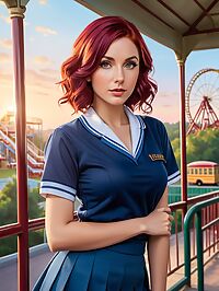 A 33 year old woman with burgundy and blonde hair stands near a roller coaster at sunrise in her blue school uniform