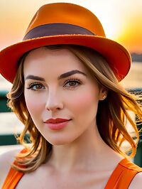 A statuesque woman with enchanting features poses on a bridge at sunset