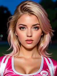 A stunning young woman with dishwater blonde hair and huge breasts prominently displayed