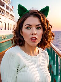 A voluptuous brunette woman in green legwear stands out on a sunset lit cruise ship deck