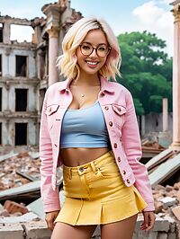 Platinum blonde bombshell in yellow denim jacket